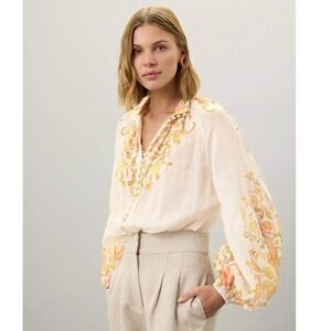Kate Ford Noaea Blouse Floral Top Cream Long Sleeve V Neck Button Sz 6-8 US
